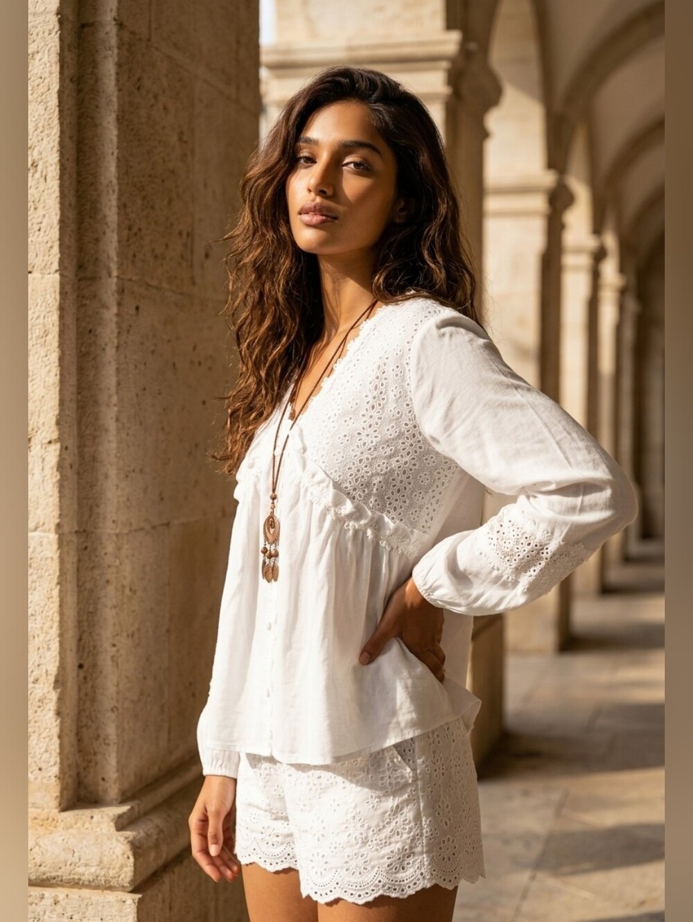 White Lace Yoke Boho Peasant Top - Picture 8 of 13